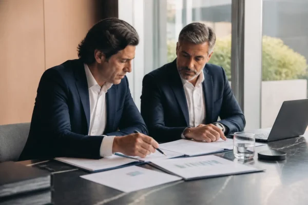 Empresários a analisar documentação financeira para preparar uma empresa para venda