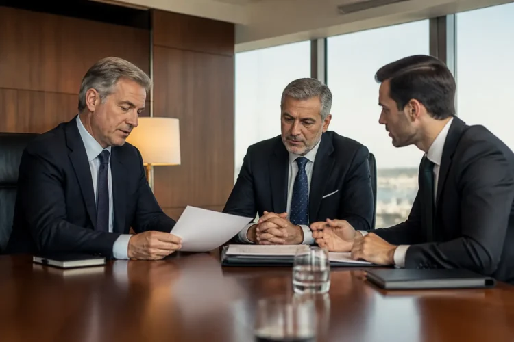 Executivos e consultor a analisar uma carta de intenções numa reunião de negociação empresarial