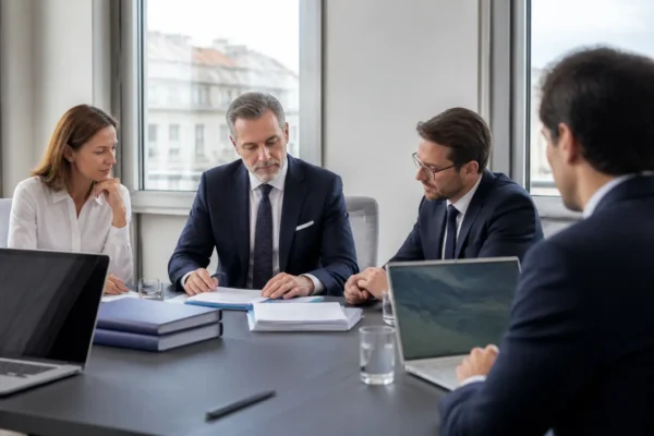 Equipa de gestão a organizar documentação financeira e operacional para um processo de vendor due diligence