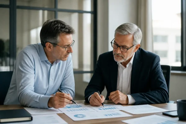 Empresário e consultor financeiro a analisar documentos de avaliação de uma empresa numa reunião