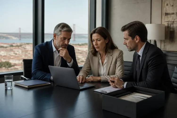 Executivos e consultor a analisar documentação confidencial num processo de M&A