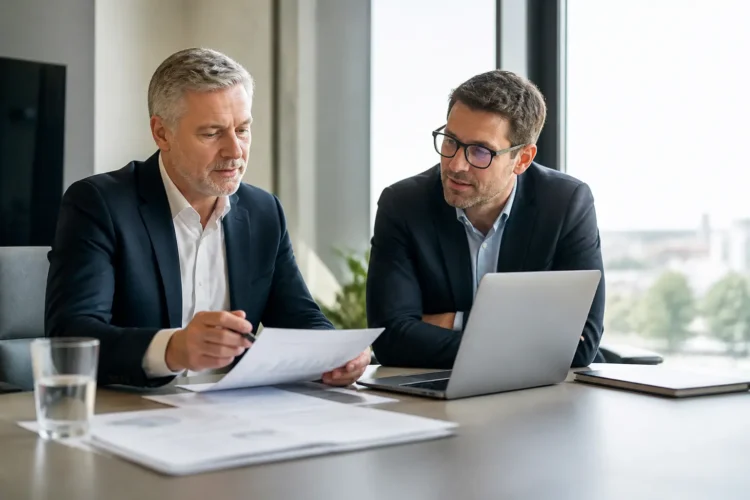 Reunião entre empresário e consultor financeiro para análise de resultados numa transação de M&A